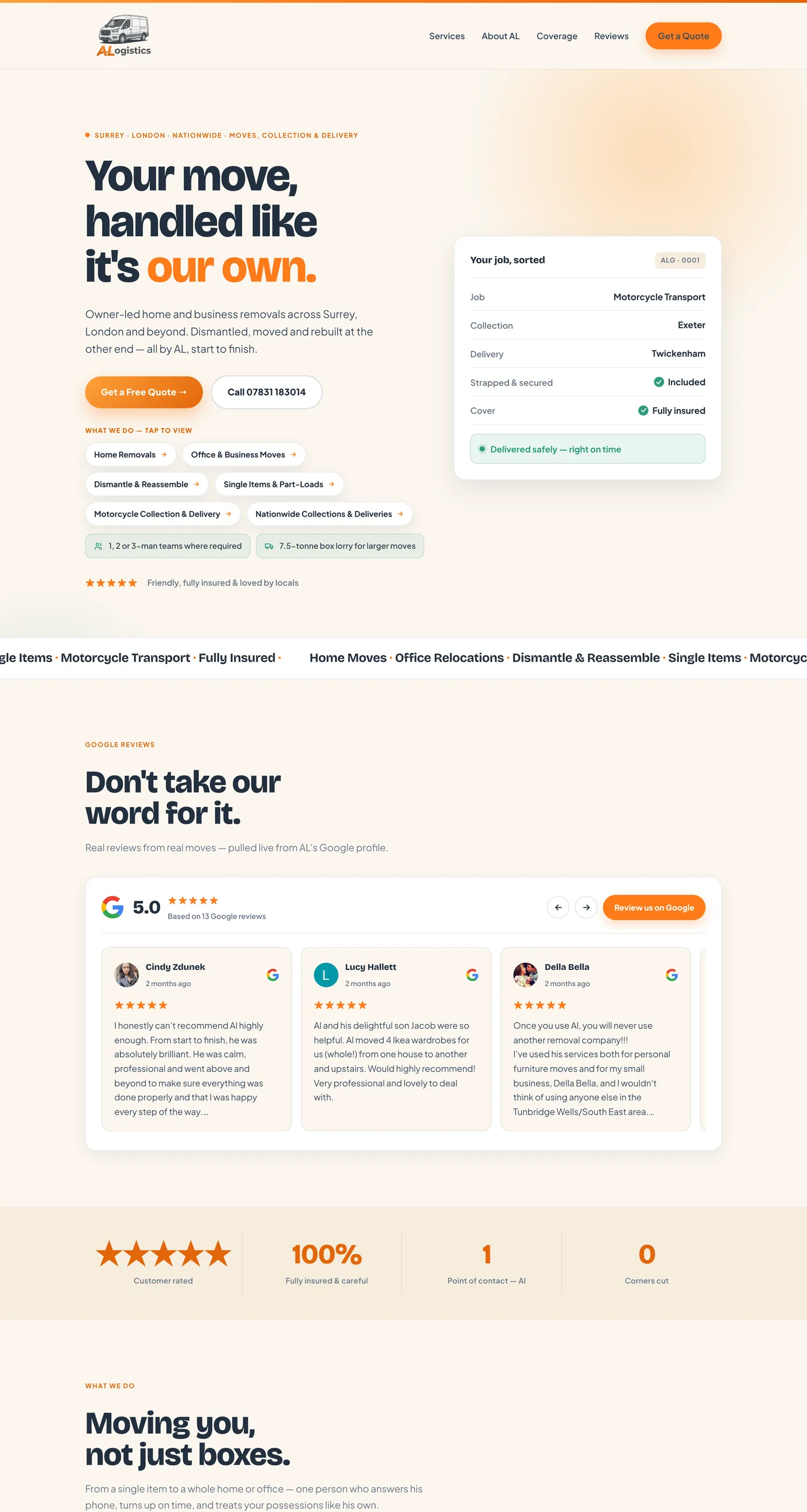 The ALogistics homepage: an owner-led removals firm, built around Al and his van