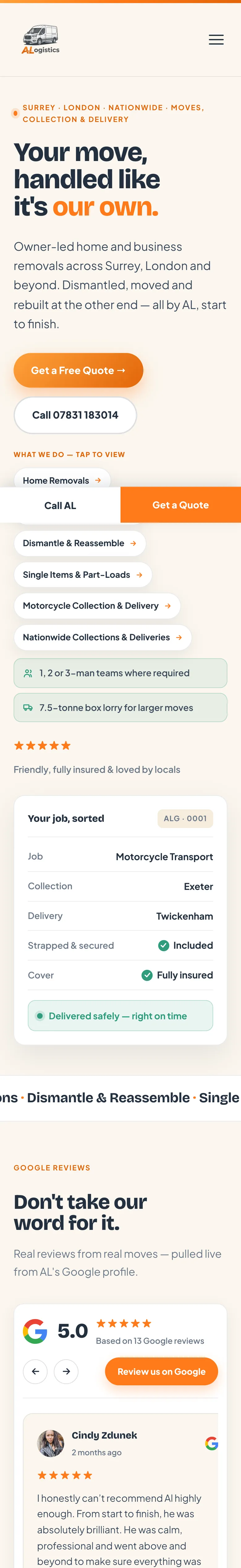 The ALogistics homepage: an owner-led removals firm, built around Al and his van