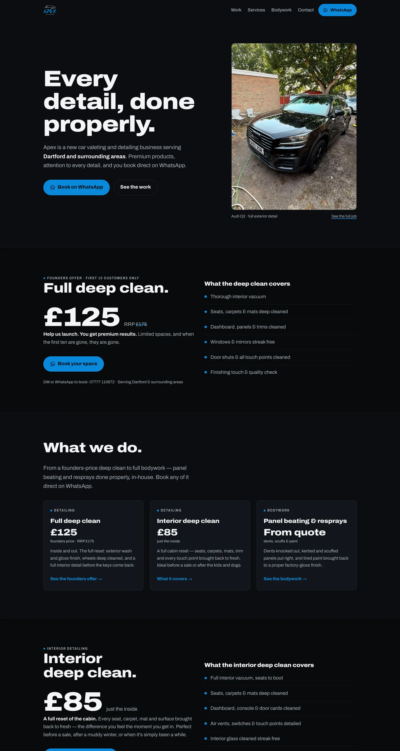 The Apex Auto Detailing homepage: a detailed Audi Q2 on a charcoal ground
