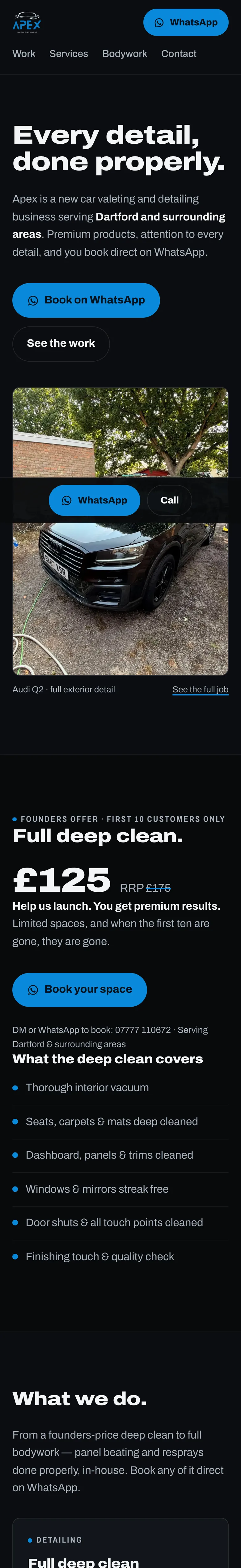 The Apex Auto Detailing homepage: a detailed Audi Q2 on a charcoal ground