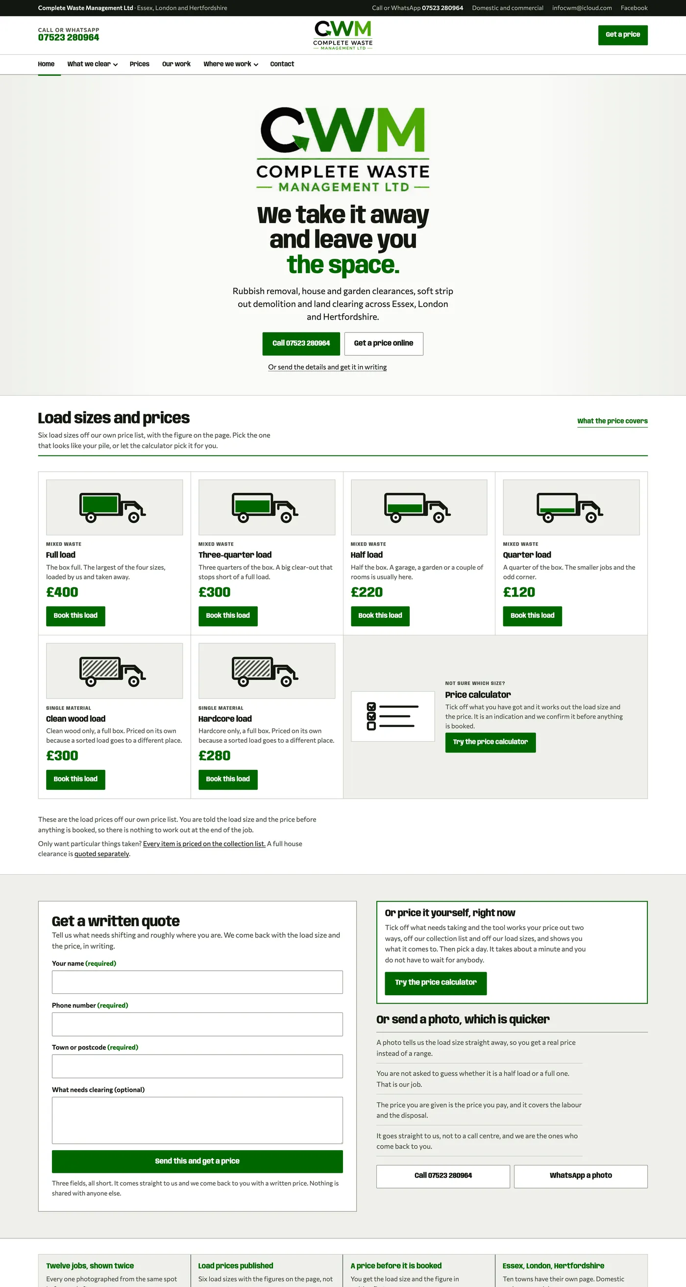 The Complete Waste Management homepage: rubbish removal across Essex, with the load sizes and their prices listed beside the headline