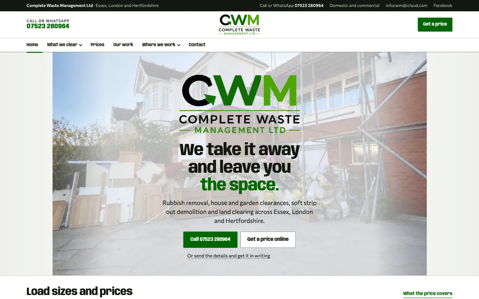 The Complete Waste Management homepage: rubbish removal across Essex, with the load sizes and their prices listed beside the headline
