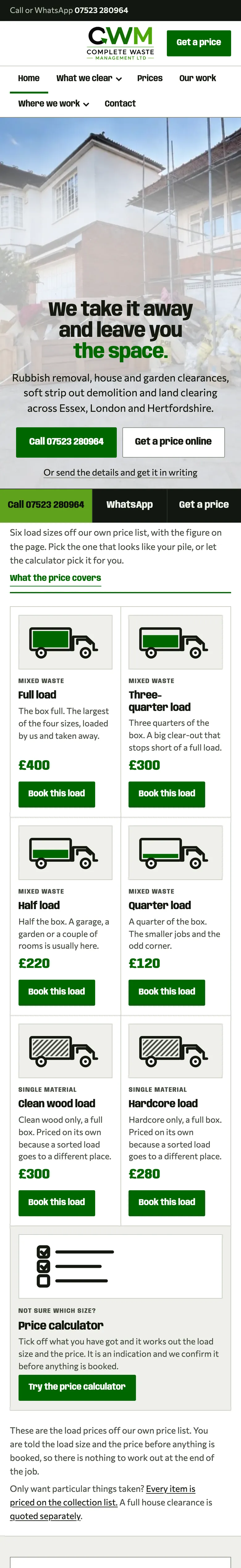The Complete Waste Management homepage: rubbish removal across Essex, with the load sizes and their prices listed beside the headline