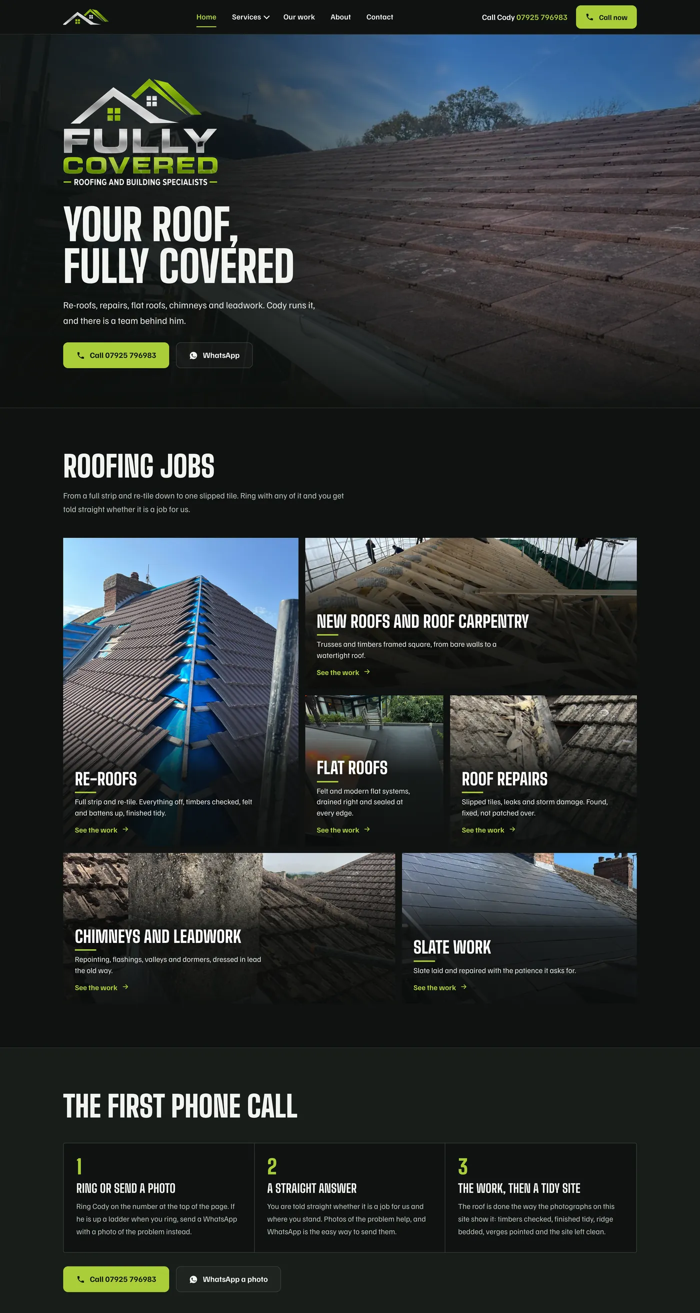 The Fully Covered Roofing homepage: a finished tiled roof photographed on the job