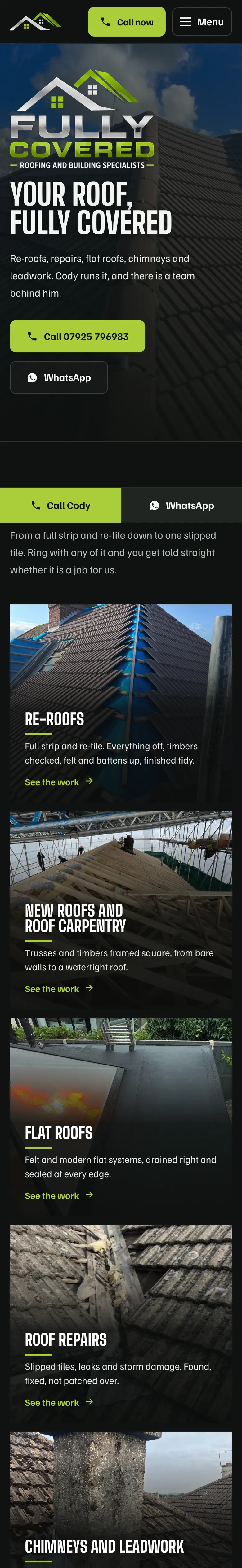 The Fully Covered Roofing homepage: a finished tiled roof photographed on the job