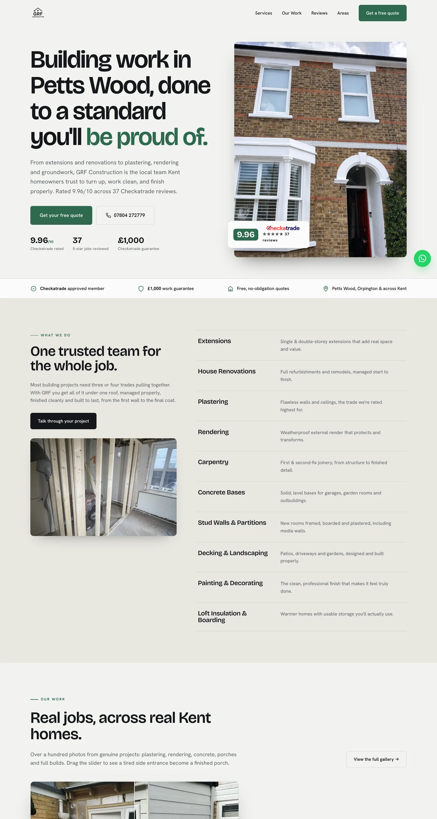 The GRF Construction homepage: a finished brick and render frontage in Petts Wood