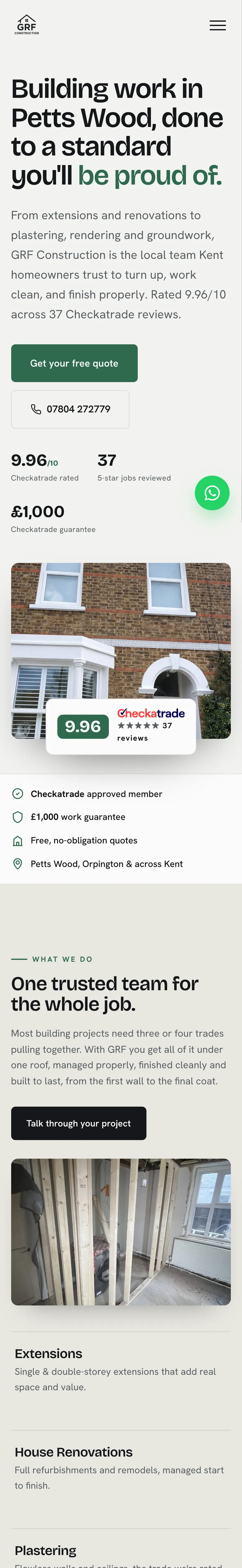 The GRF Construction homepage: a finished brick and render frontage in Petts Wood