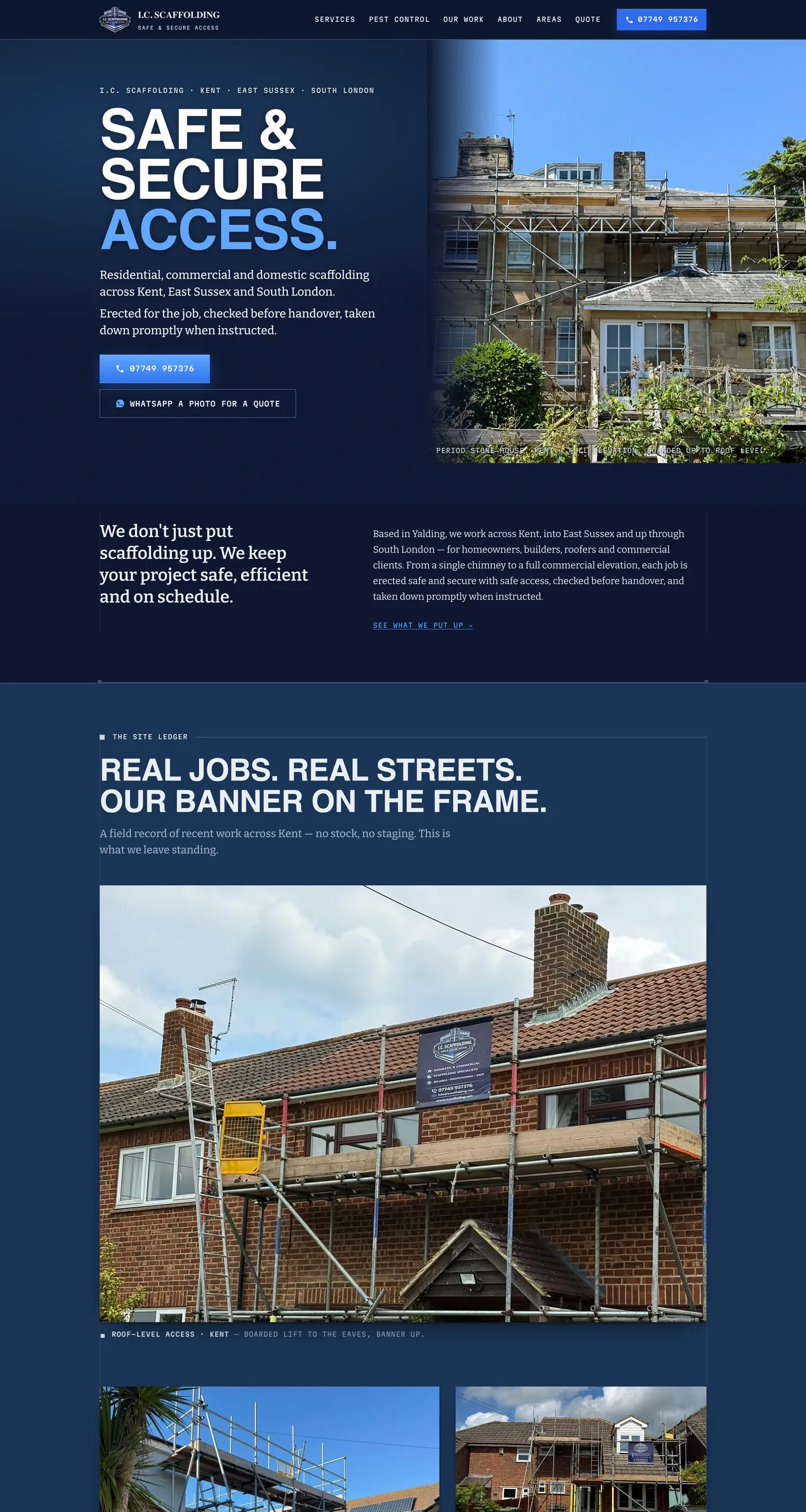 The I.C. Scaffolding homepage: scaffold erected across a period stone house