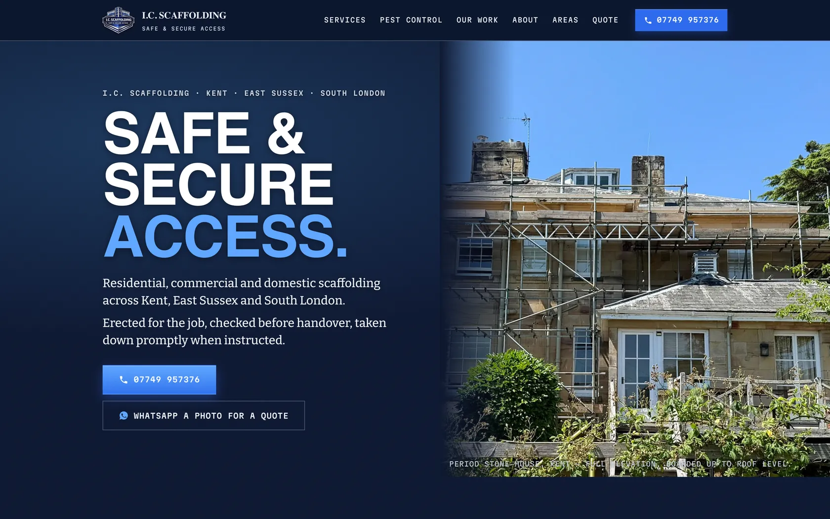 The I.C. Scaffolding homepage: scaffold erected across a period stone house