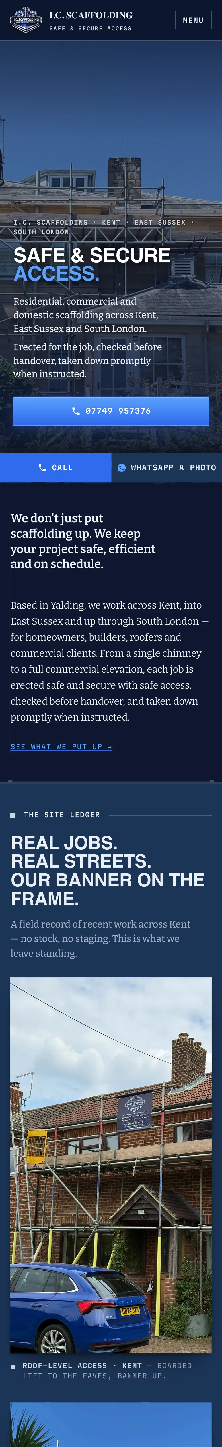 The I.C. Scaffolding homepage: scaffold erected across a period stone house