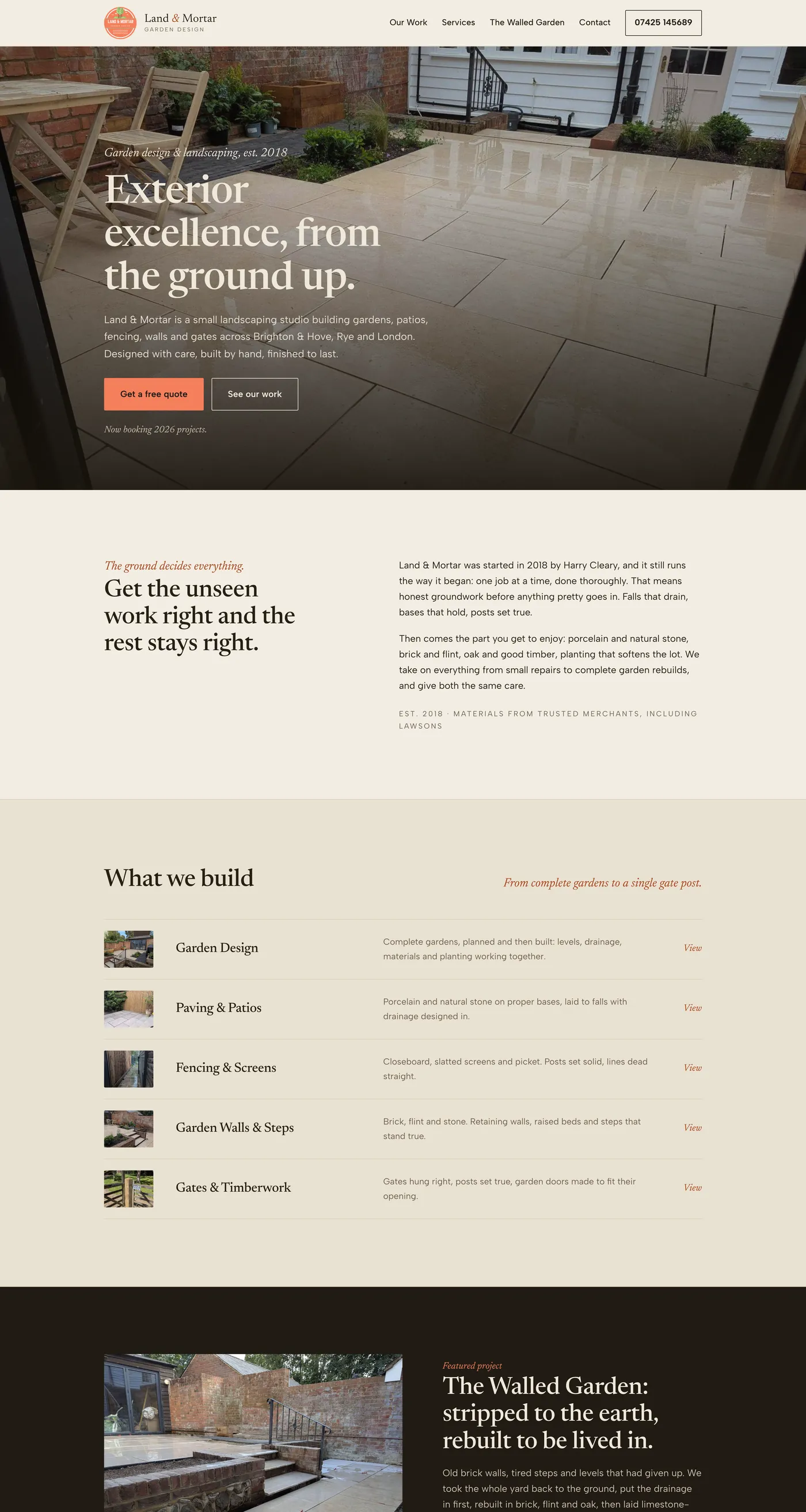 The Land and Mortar homepage: a garden design studio in Brighton and Hove, opening on a finished stone patio