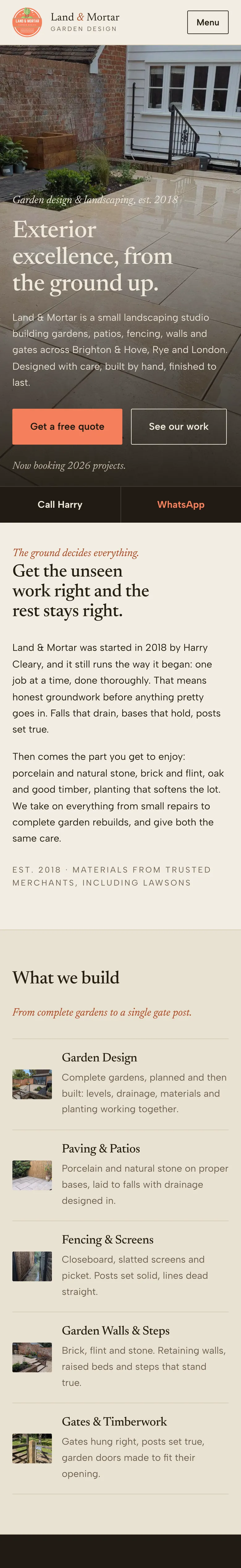 The Land and Mortar homepage: a garden design studio in Brighton and Hove, opening on a finished stone patio