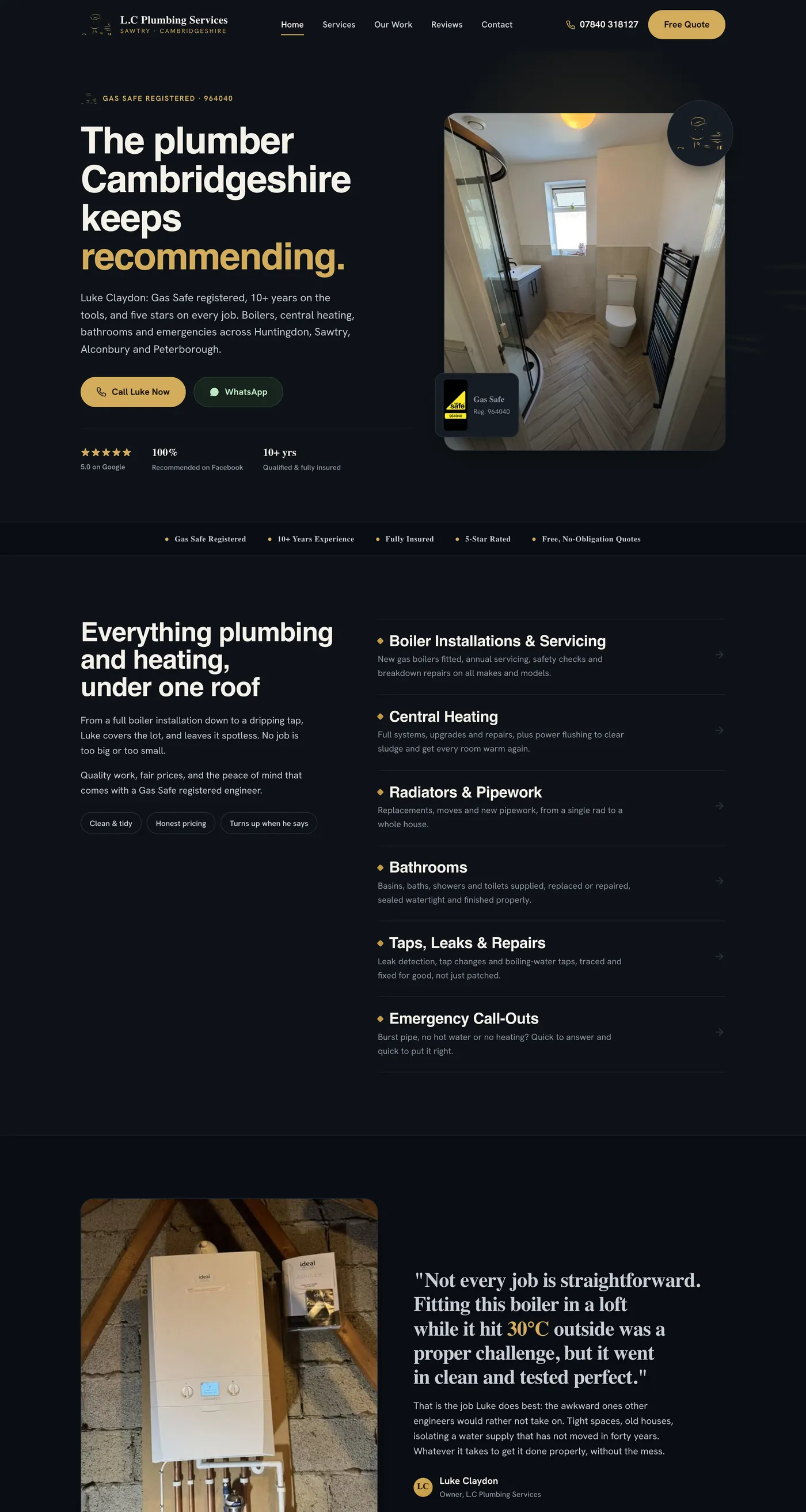 The L.C Plumbing Services homepage: a Gas Safe registered plumber across Cambridgeshire
