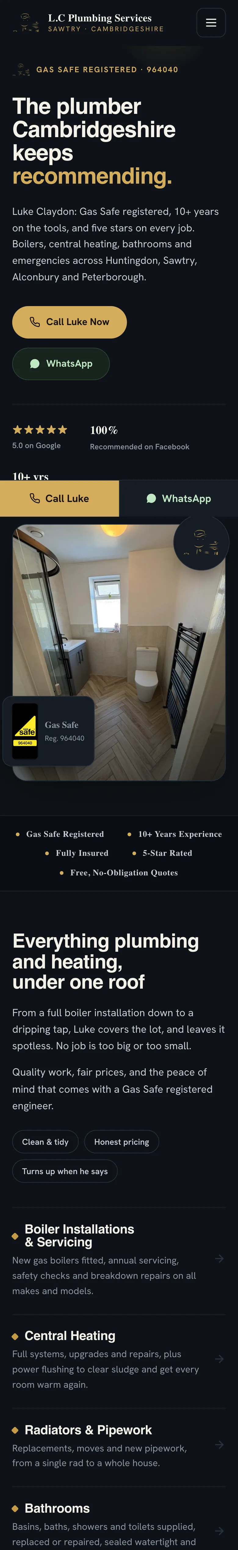 The L.C Plumbing Services homepage: a Gas Safe registered plumber across Cambridgeshire