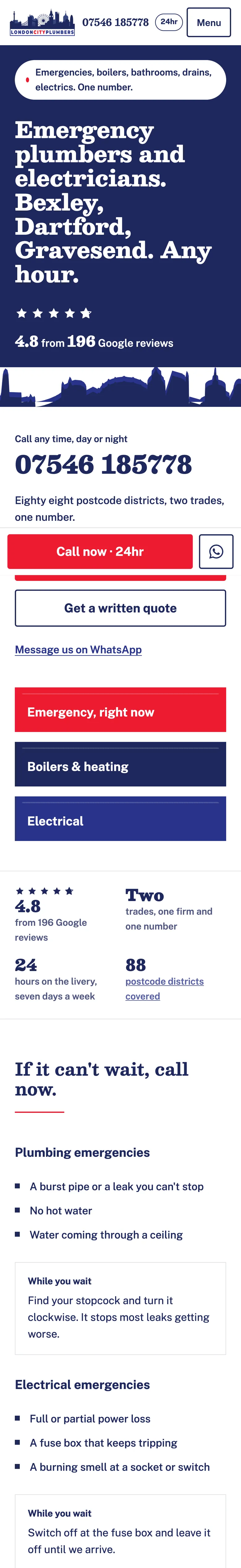 The London City Plumbers homepage: emergency plumbers and electricians across south east London