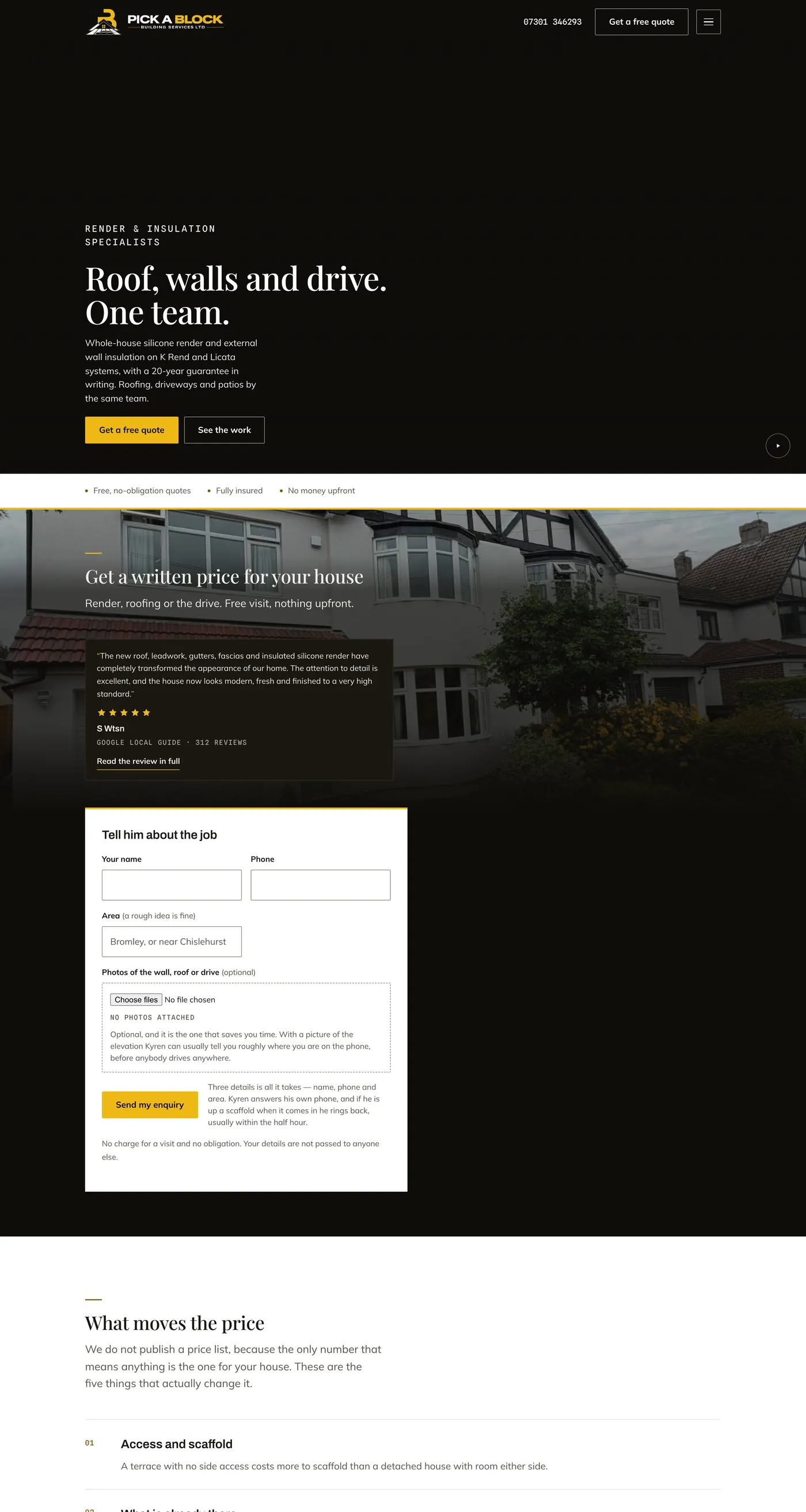 The Pick A Block homepage: a rendered house with a new roof, walls and drive from one team