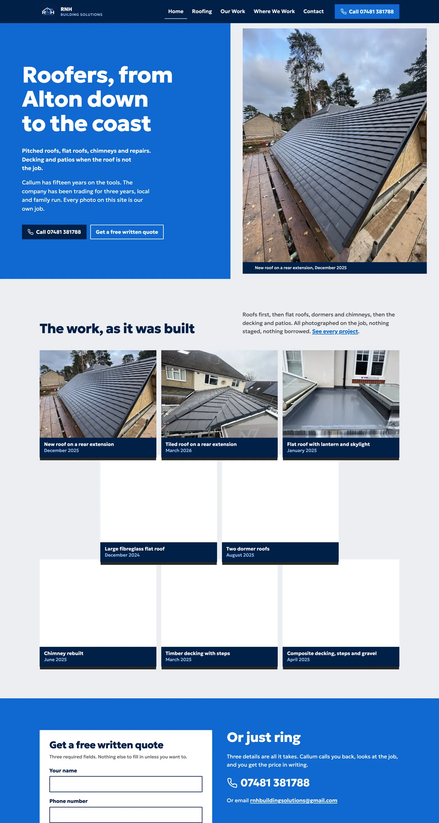 The RNH Building Solutions homepage: roofers from Alton down to the coast, with a new roof on a rear extension beside the headline