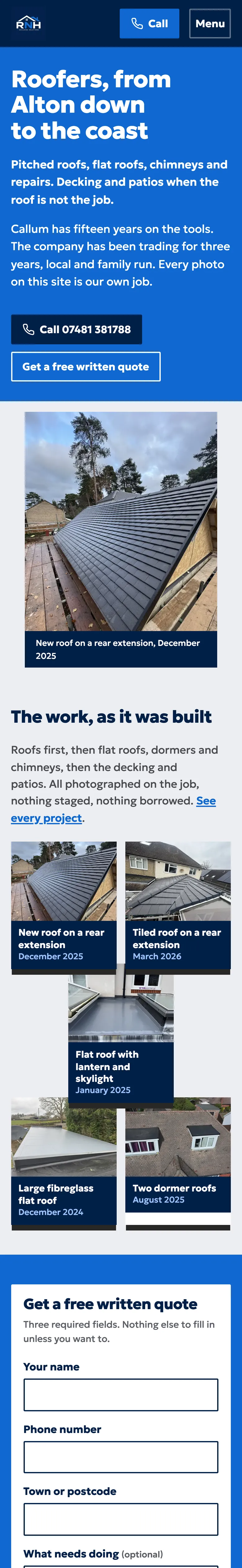 The RNH Building Solutions homepage: roofers from Alton down to the coast, with a new roof on a rear extension beside the headline