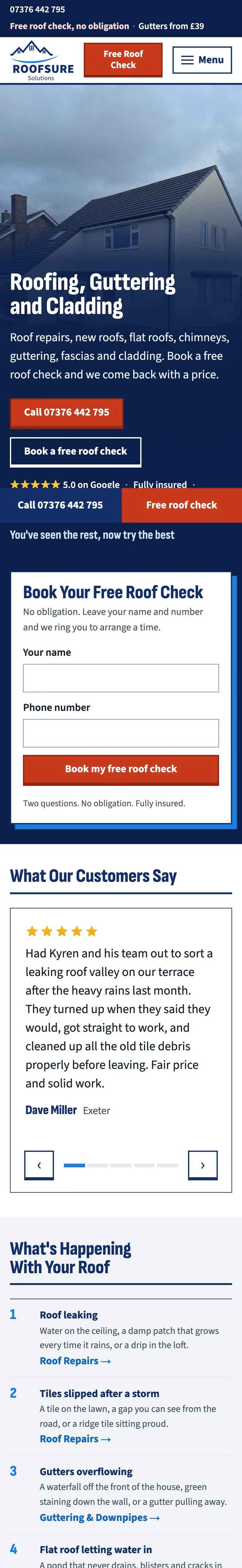 Roofsure Solutions' live website: roofing, guttering and cladding in Torbay and South Devon