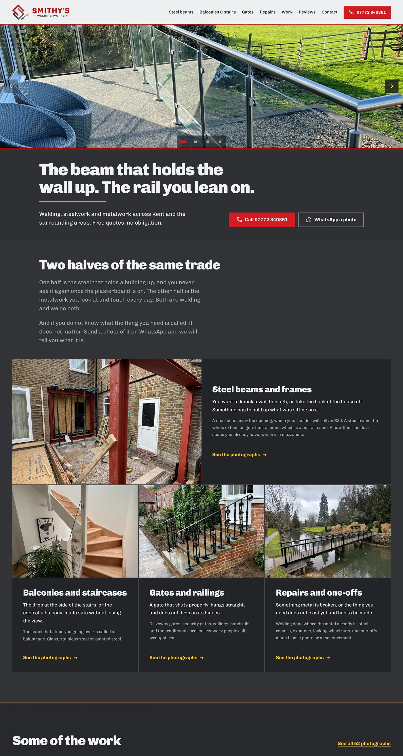 The Smithy’s Welding Works homepage: a glass and steel balustrade on a raised terrace, photographed on the job