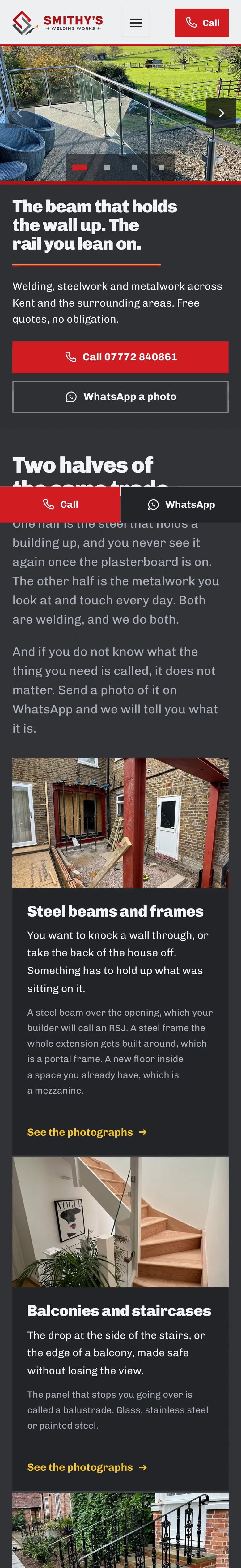 The Smithy’s Welding Works homepage: a glass and steel balustrade on a raised terrace, photographed on the job