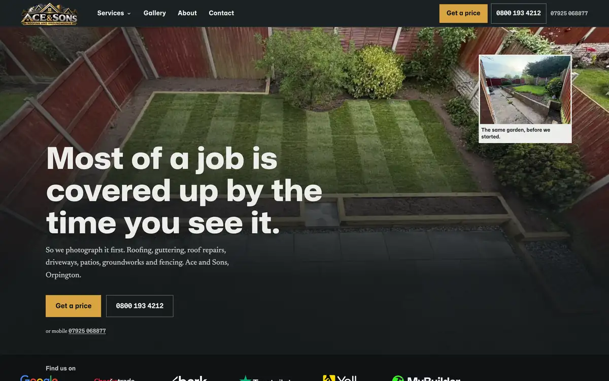 The Ace & Sons homepage: a finished garden in Orpington, with the same garden before the job inset in the corner