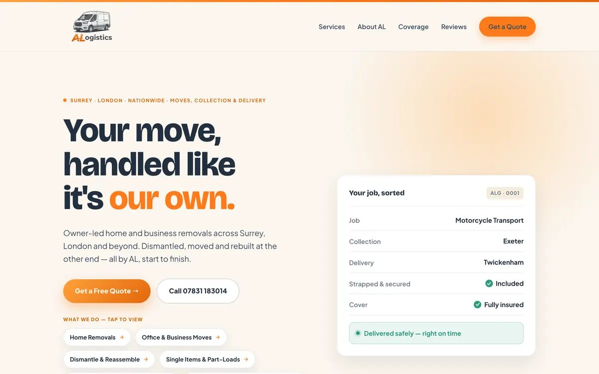 The ALogistics homepage: an owner-led removals firm, built around Al and his van