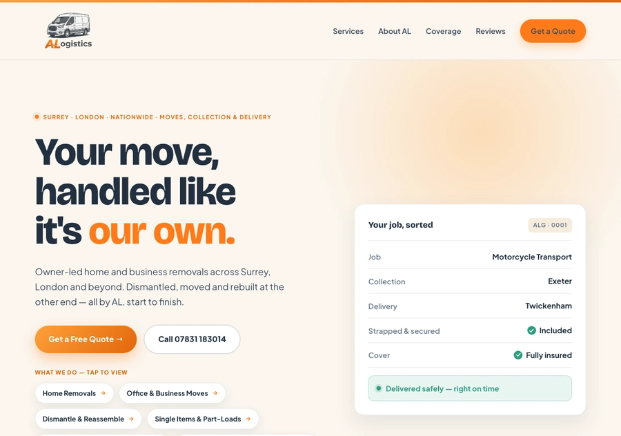 The ALogistics homepage, a courier and logistics site with a quote form