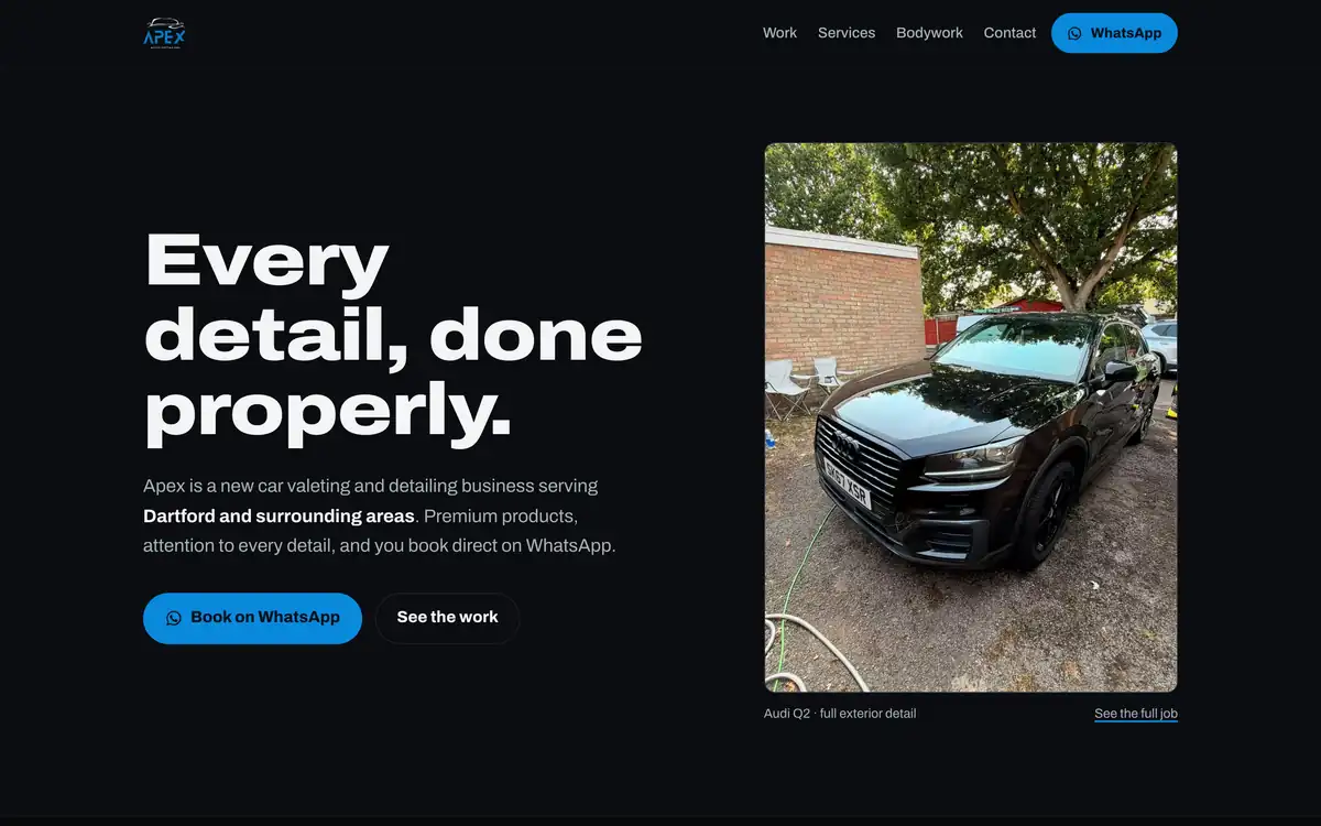 The Apex Auto Detailing homepage: a detailed Audi Q2 on a charcoal ground
