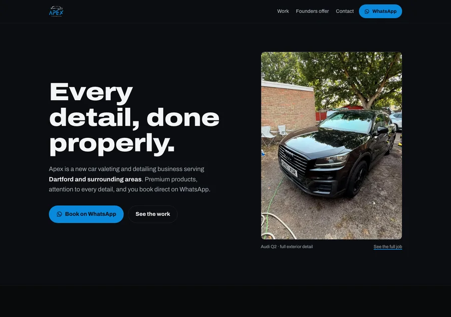 The Apex Auto Detailing homepage, a detailed car under studio-style lighting