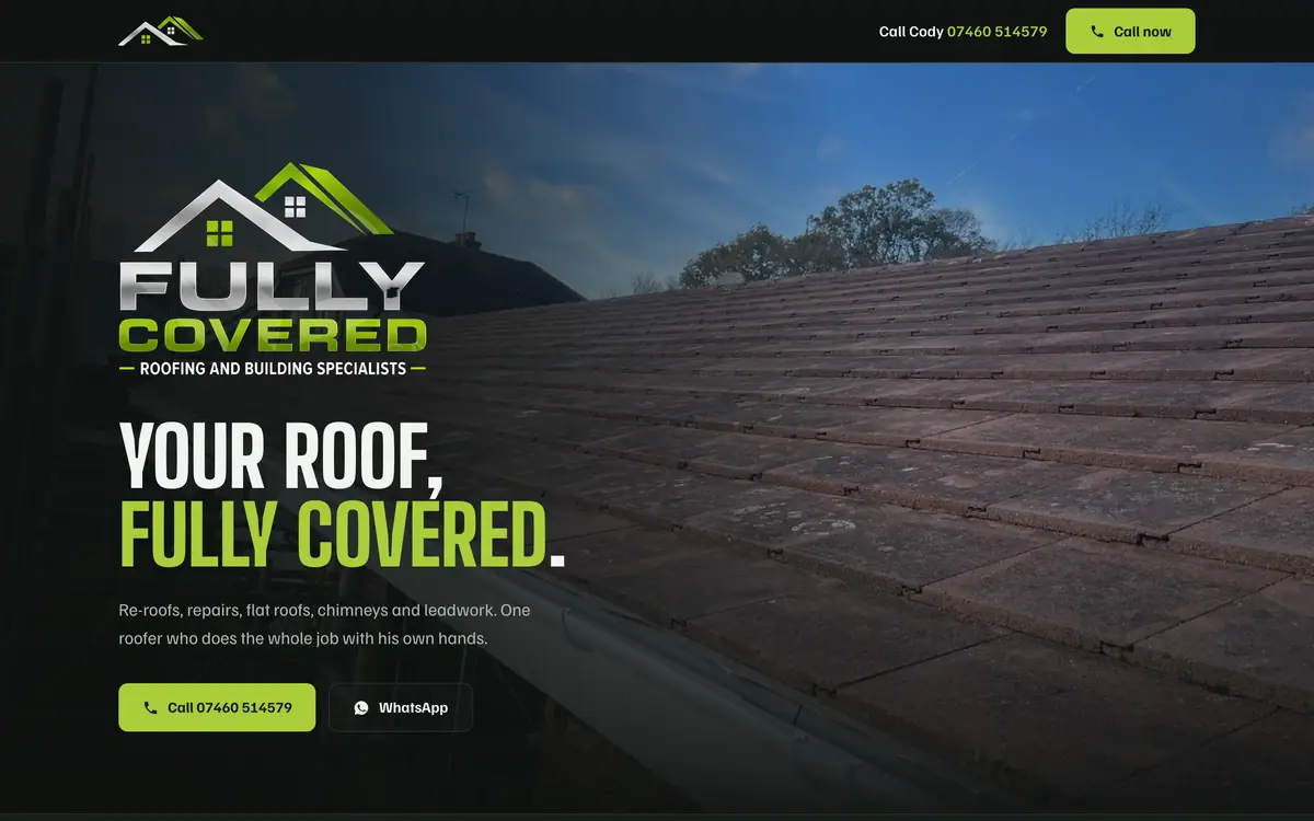 The Fully Covered Roofing homepage: a finished tiled roof photographed on the job
