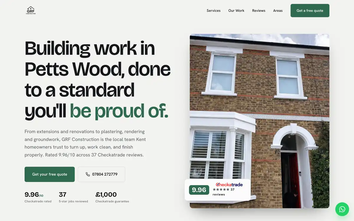 The GRF Construction homepage: a finished brick and render frontage in Petts Wood
