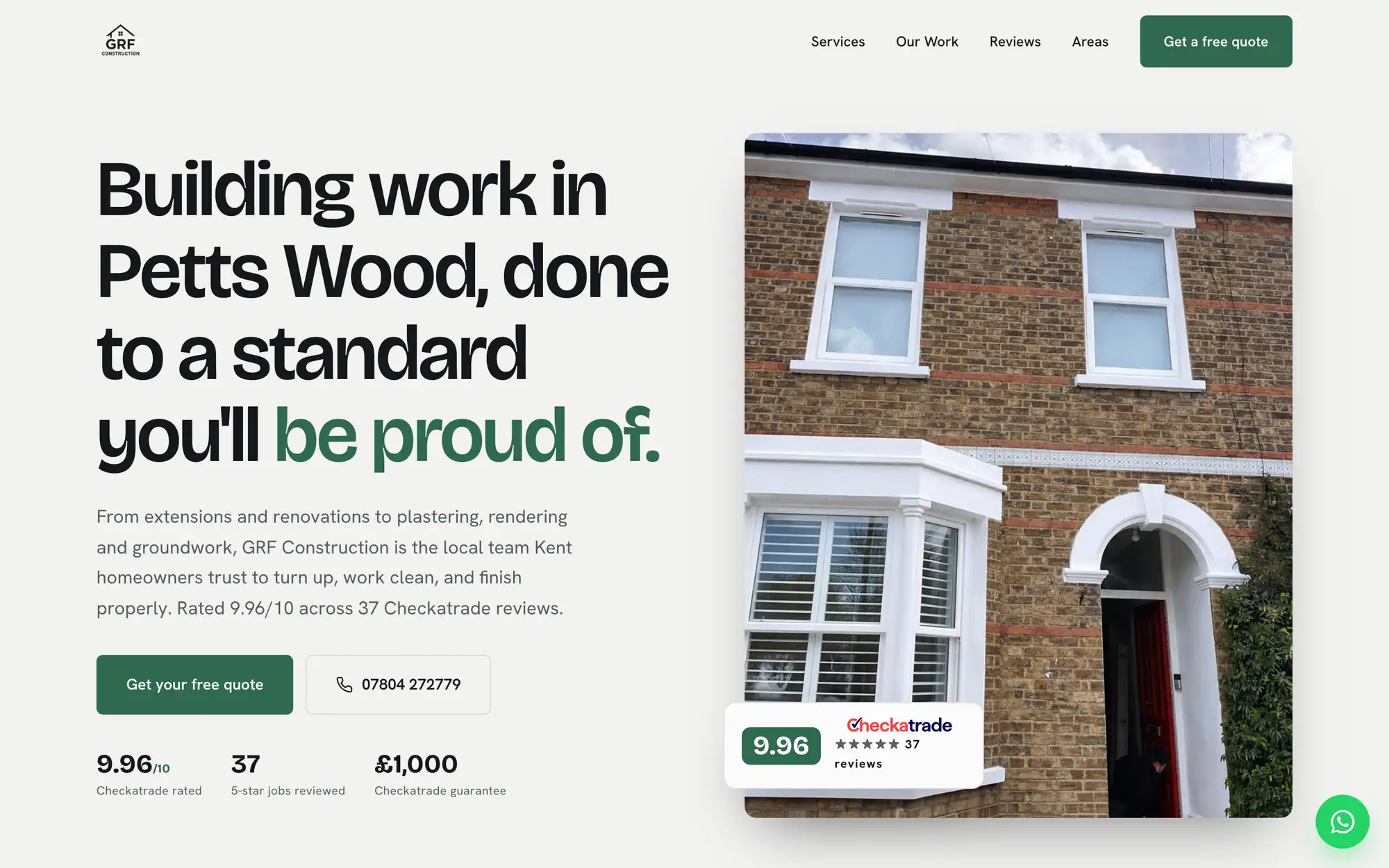 The GRF Construction homepage: a finished brick and render frontage in Petts Wood