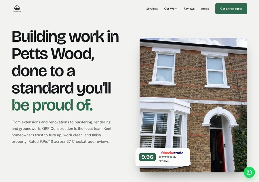 The GRF Construction homepage, brickwork photography and Checkatrade rating