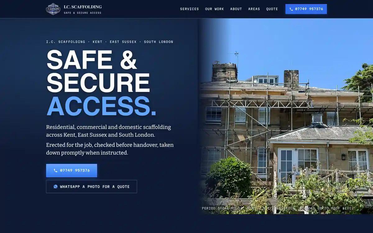 The I.C. Scaffolding homepage: scaffold erected across a period stone house