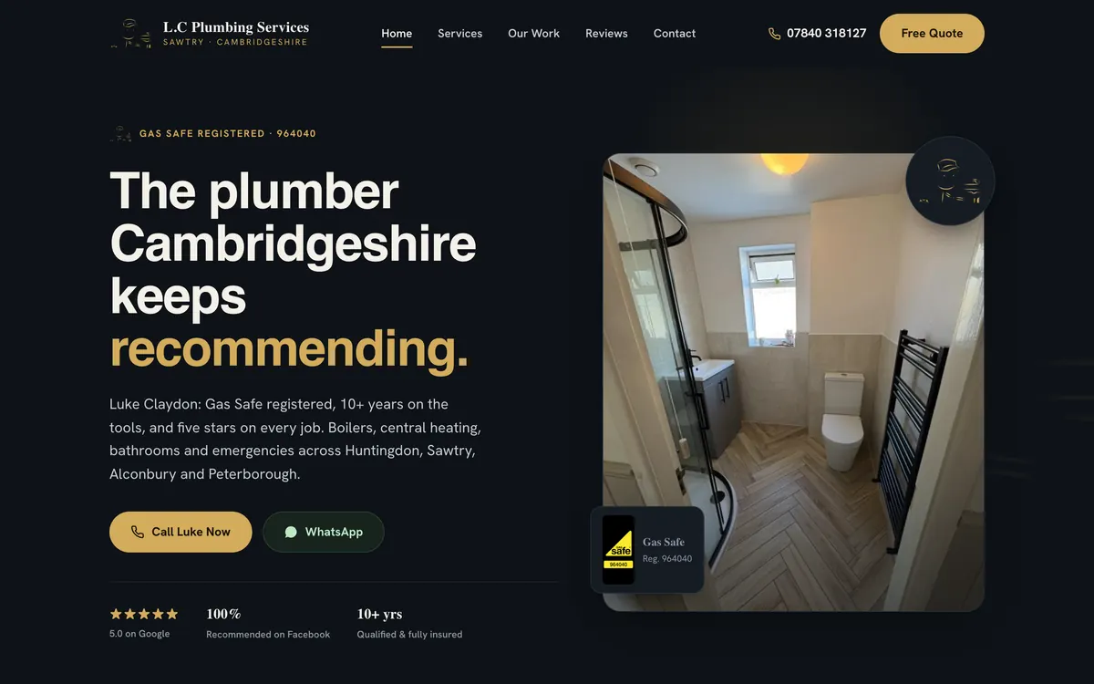 The L.C Plumbing Services homepage: a Gas Safe registered plumber across Cambridgeshire