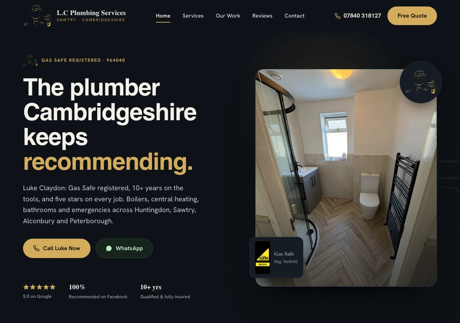 The L.C Plumbing homepage, Gas Safe registration shown at the top