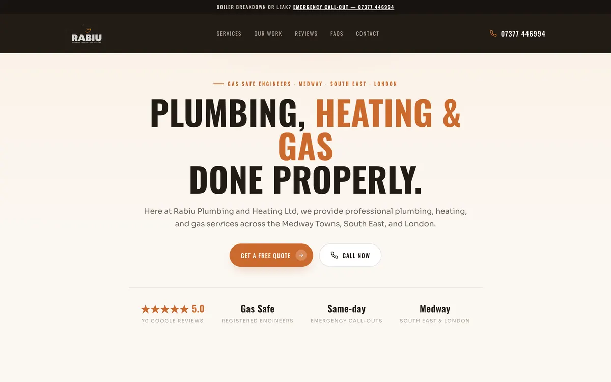 The Rabiu Plumbing and Heating homepage: plumbing, heating and gas across the Medway towns