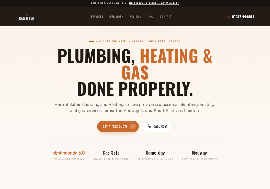 The Rabiu Plumbing & Heating homepage, with the emergency call-out line at the top