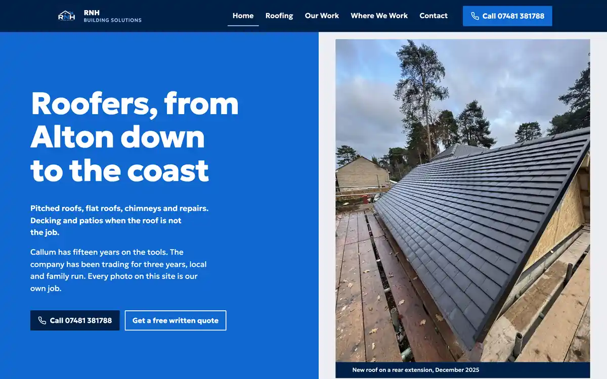 The RNH Building Solutions homepage: roofers from Alton down to the coast, with a new roof on a rear extension beside the headline