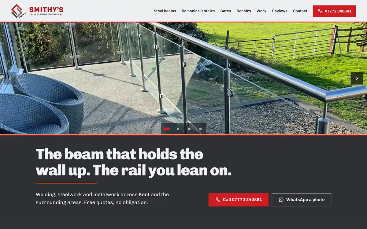The Smithy’s Welding Works homepage: a glass and steel balustrade on a raised terrace, photographed on the job