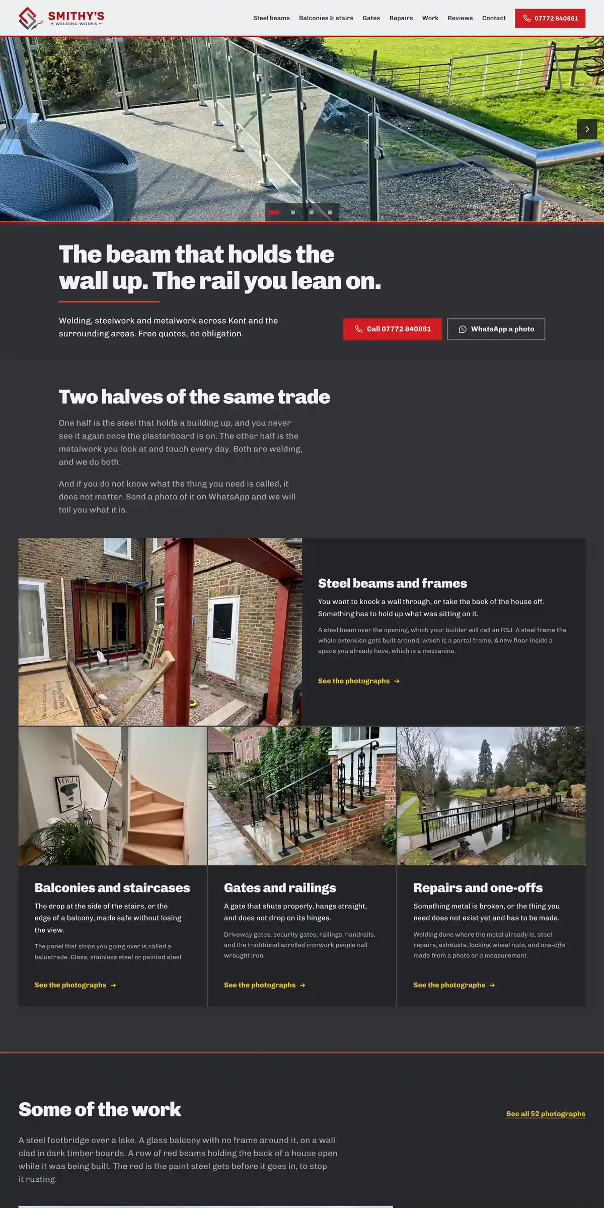 The Smithy’s Welding Works homepage: a glass and steel balustrade on a raised terrace, photographed on the job