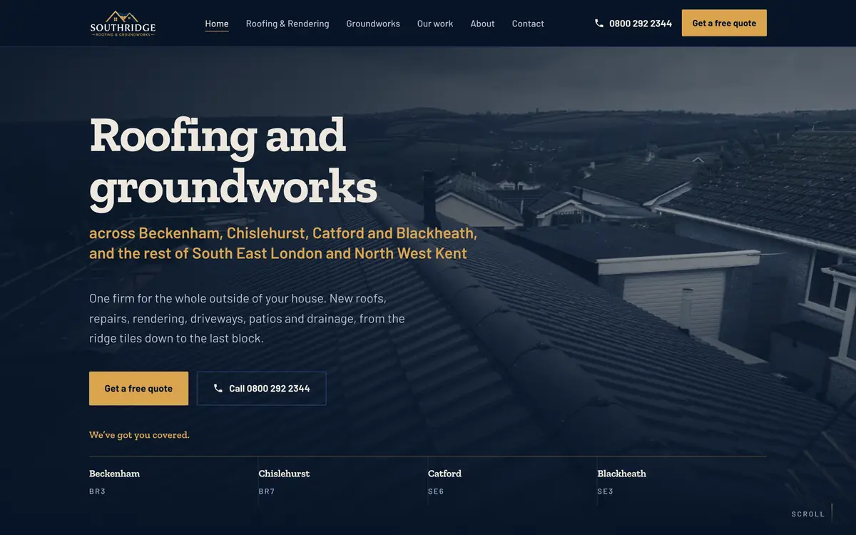 The Southridge Roofing and Groundworks homepage: a re-roofed terrace shot from the ridge