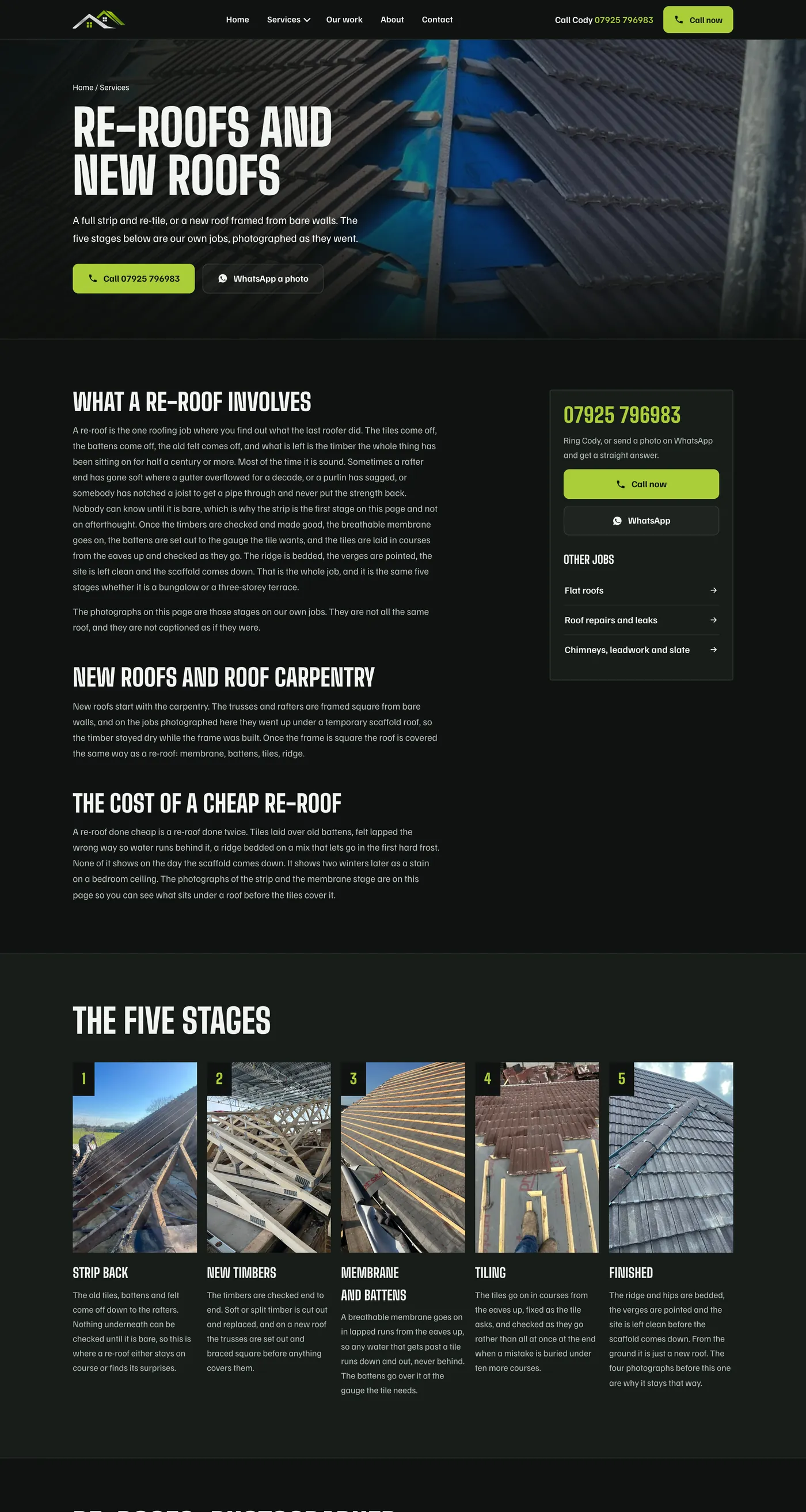 Fully Covered's re-roofs page: a re-roof explained, then the five stages photographed on his own jobs, strip back to finished