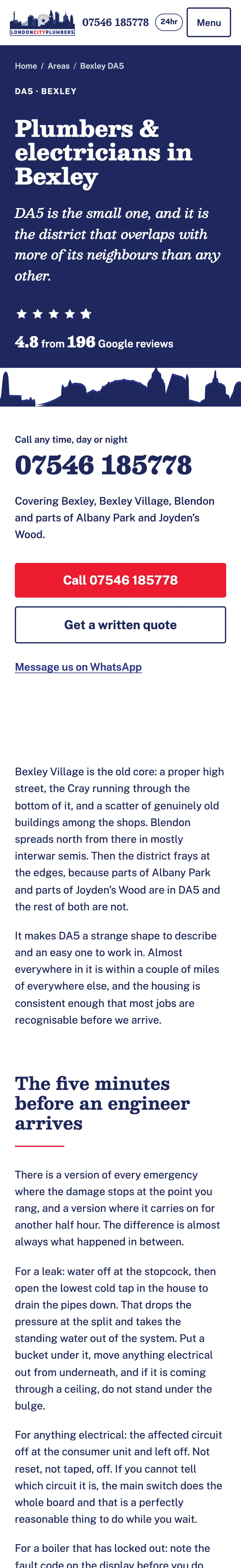 London City Plumbers' page for Bexley DA5 on a phone: the district, the Google rating and the call button