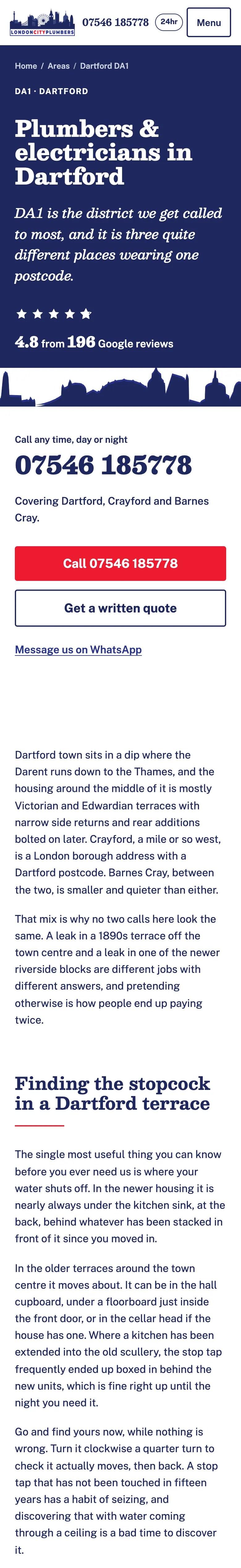 London City Plumbers' page for Dartford DA1 on a phone: the district named back to the reader, the Google rating and the number to ring