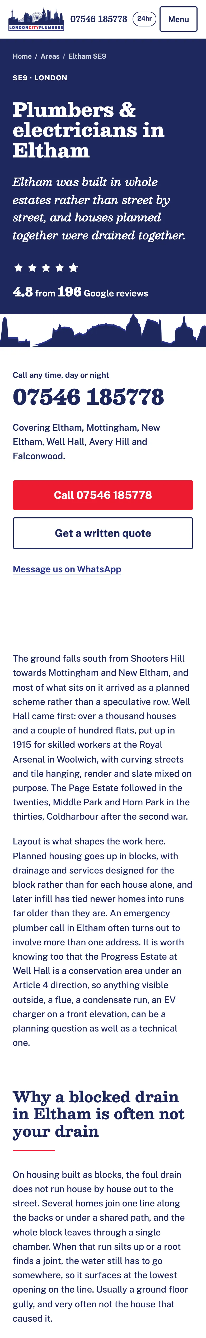 London City Plumbers' page for Eltham SE9 on a phone: the district named back to the reader, the Google rating and the number to ring